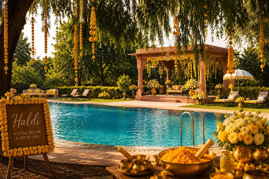 Haldi setup with marigolds and turmeric