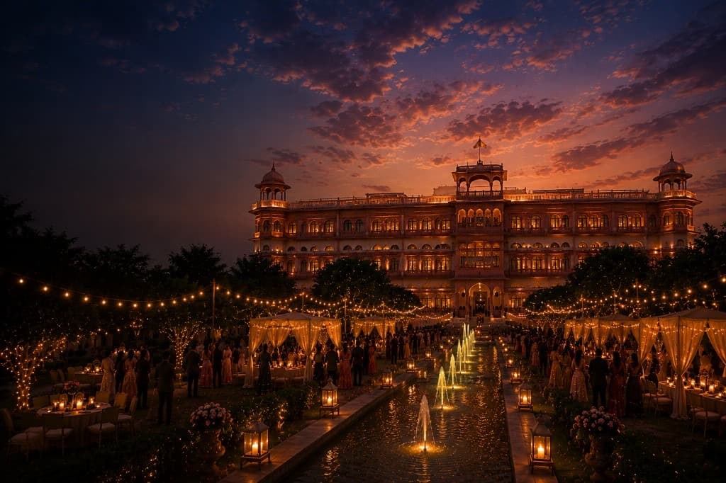 The wedding palace lit for an evening celebration