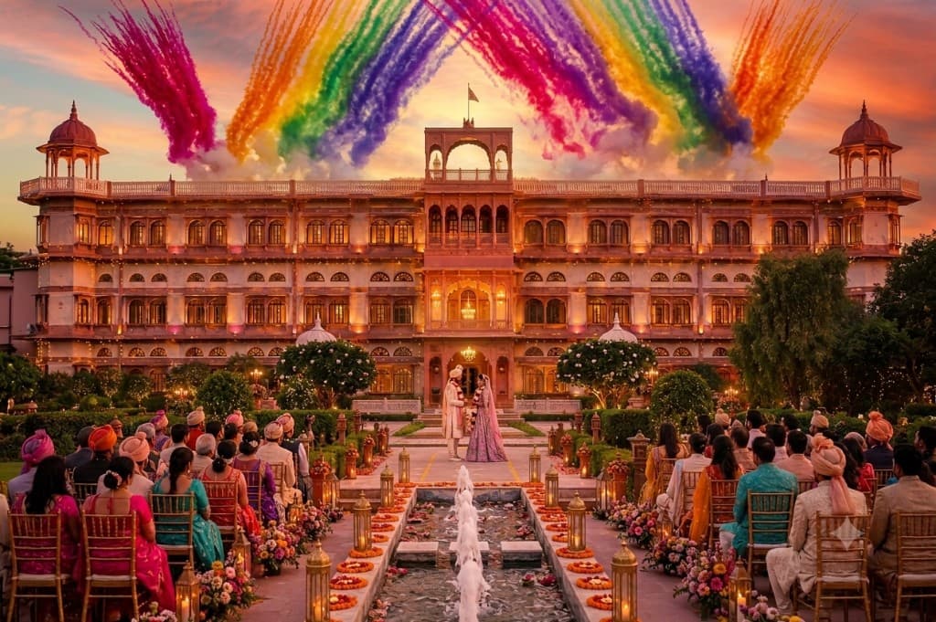 Wedding ceremony at the palace with celebration in the sky